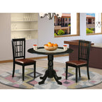 East West Furniture DLNI3-BLK-LC 3 Piece Dining Table Set for Small Spaces Contains a Round Dining Room Table with Dropleaf and 2 Faux Leather Upholstered Chairs, 42x42 Inch, Black
