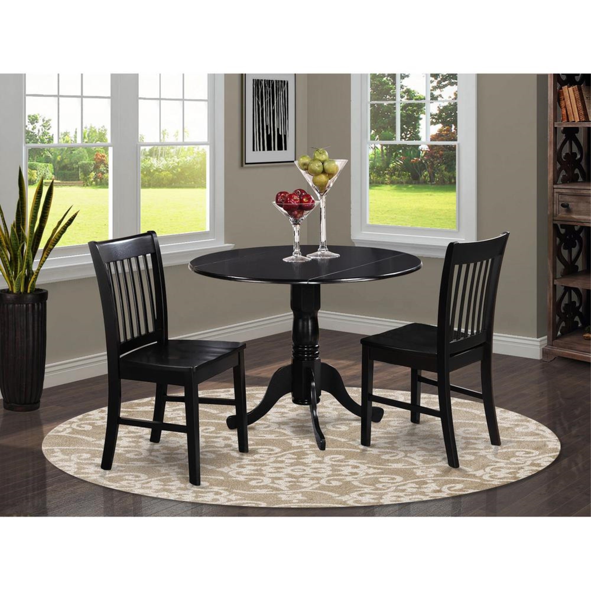 East West Furniture Dublin 3 Piece Kitchen Set for Small Spaces Contains a Round Dining Room Table with Dropleaf and 2 Solid Wood Seat Chairs, 42x42 Inch, DLNO3-BLK-W