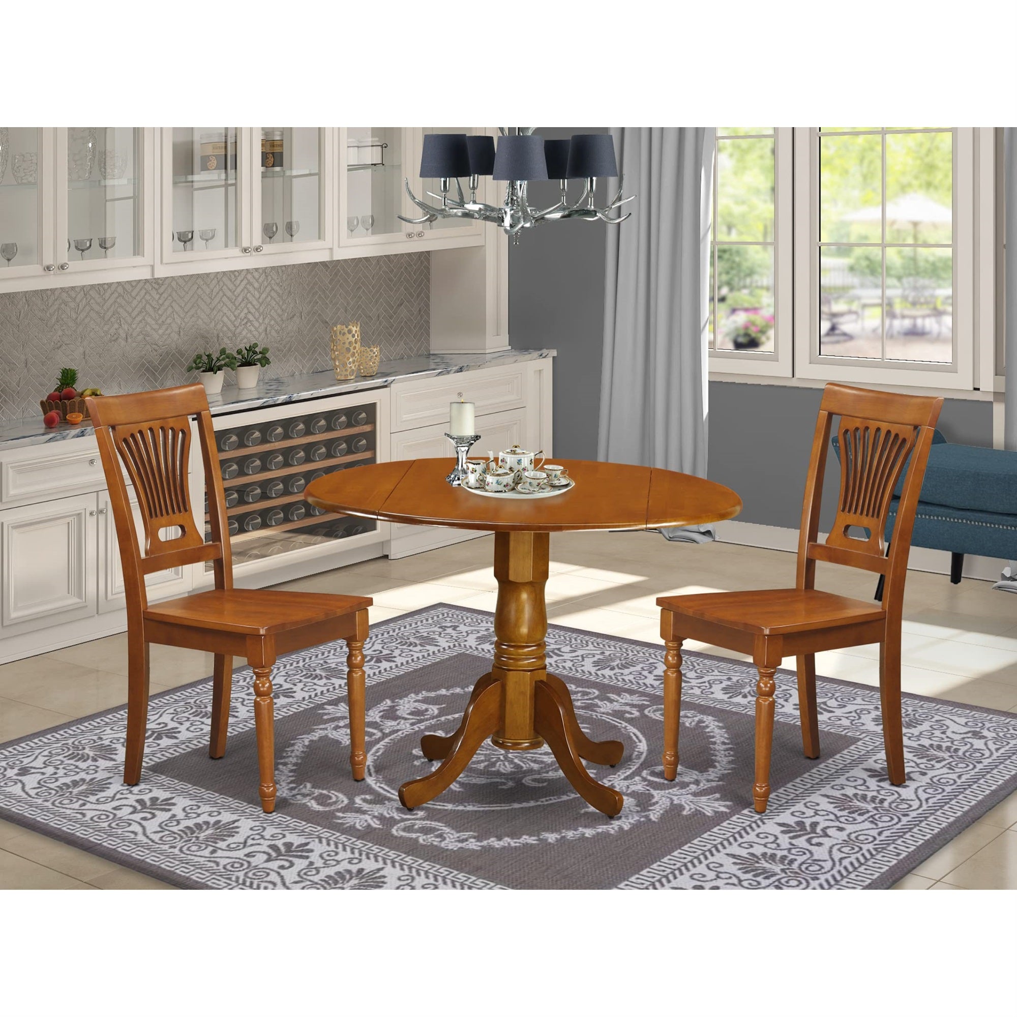 East West Furniture DLPL3-SBR-W 3 Piece Dining Table Set for Small Spaces Contains a Round Dining Room Table with Dropleaf and 2 Wood Seat Chairs, 42x42 Inch, Saddle Brown
