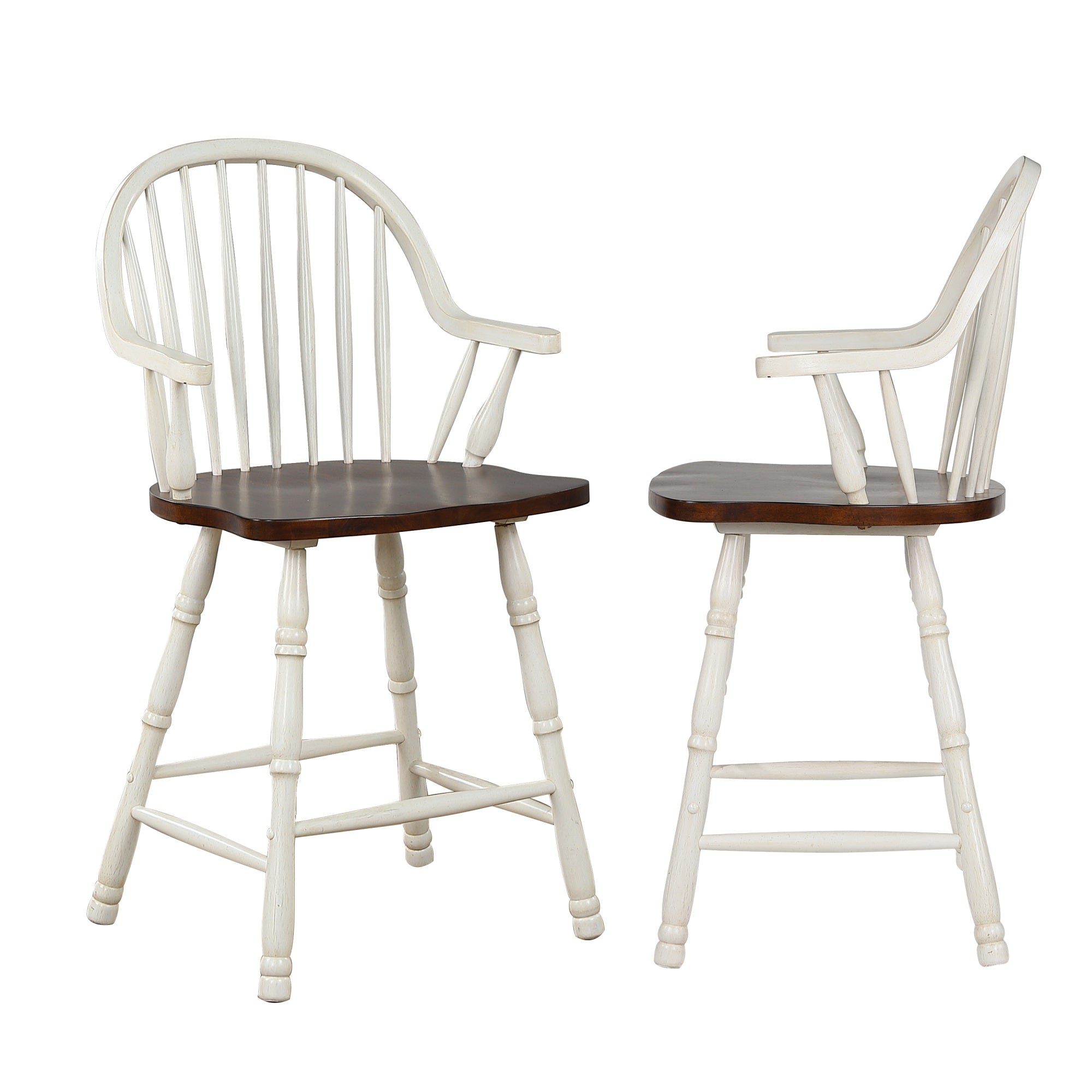 Sunset Trading Andrews 24 Windsor Barstool with Arms | Counter Height Stool | Antique White and Chestnut Brown | Set of 2