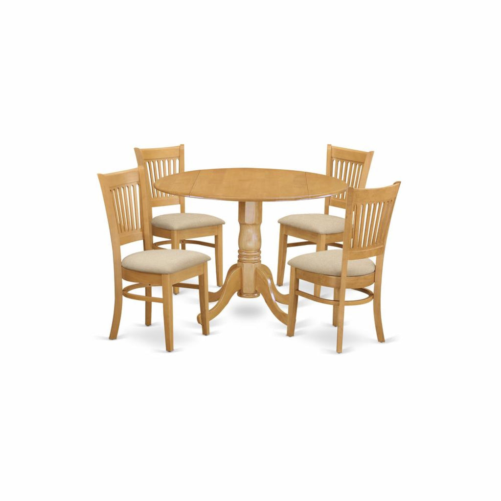 East West Furniture Dublin 5 Piece Kitchen Set Includes a Round Dining Room Table with Dropleaf and 4 Linen Fabric Upholstered Chairs, 42x42 Inch, DLVA5-OAK-C