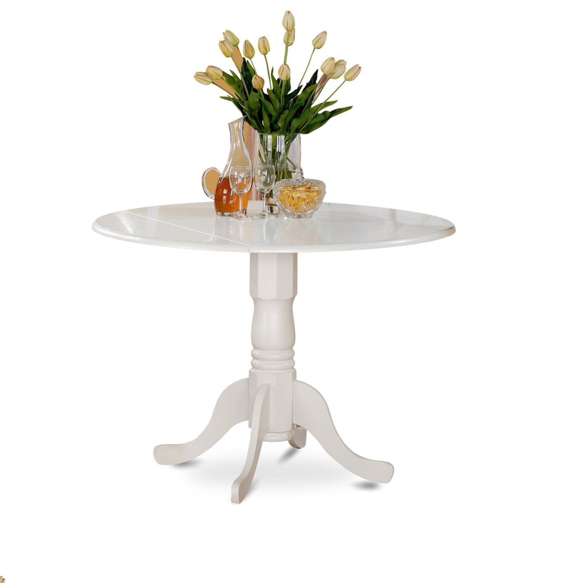 East West Furniture DLWE5-WHI-W 5 Piece Dining Table Set for 4 Includes a Round Kitchen Table with Dropleaf and 4 Dining Room Chairs, 42x42 Inch, Linen White