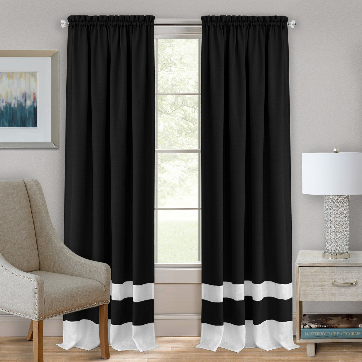 Darcy Rod Pocket Panels  Polyester Fabric, Light Filtering, Pair With Valance & Tier Set  52X63  Black/White