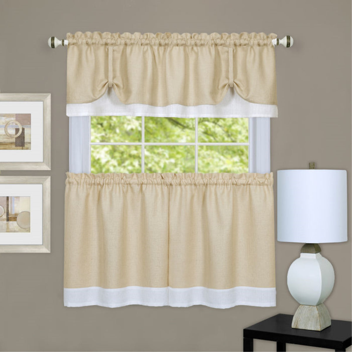 Darcy Window Curtain Tier And Valance Set  Polyester Fabric, 1.5 Inch  Rod Pocket, Kitchen Decor  Tan/White, 58X24/58X14