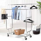 Heavy Duty Double Bar Clothes Hanging Garment Rack on Lockable Wheels