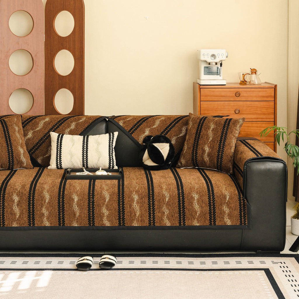 Non-Slip Sofa Cover with Thick Chenille Texture Woven Stripe Couch Protector Throw