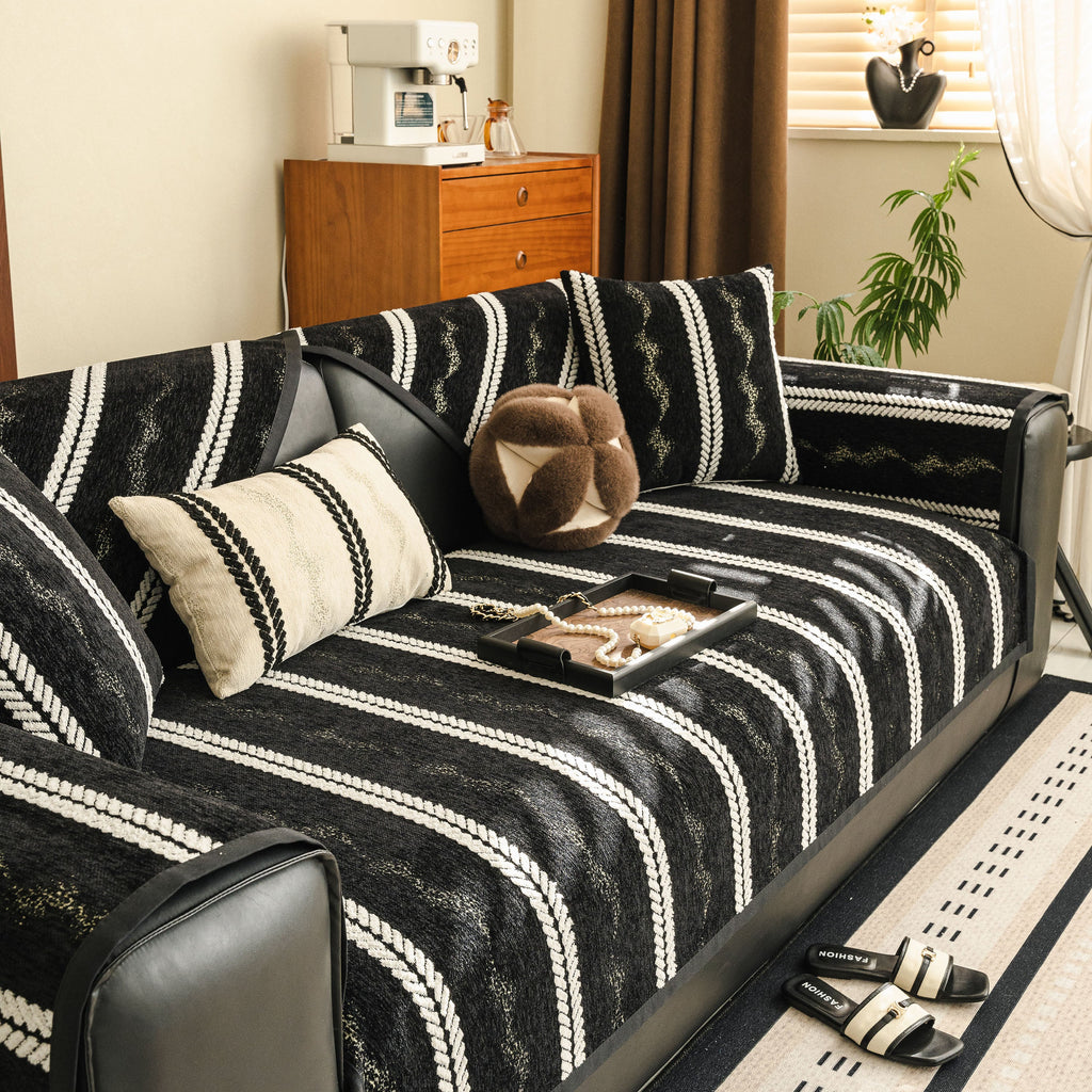 Non-Slip Sofa Cover with Thick Chenille Texture Woven Stripe Couch Protector Throw