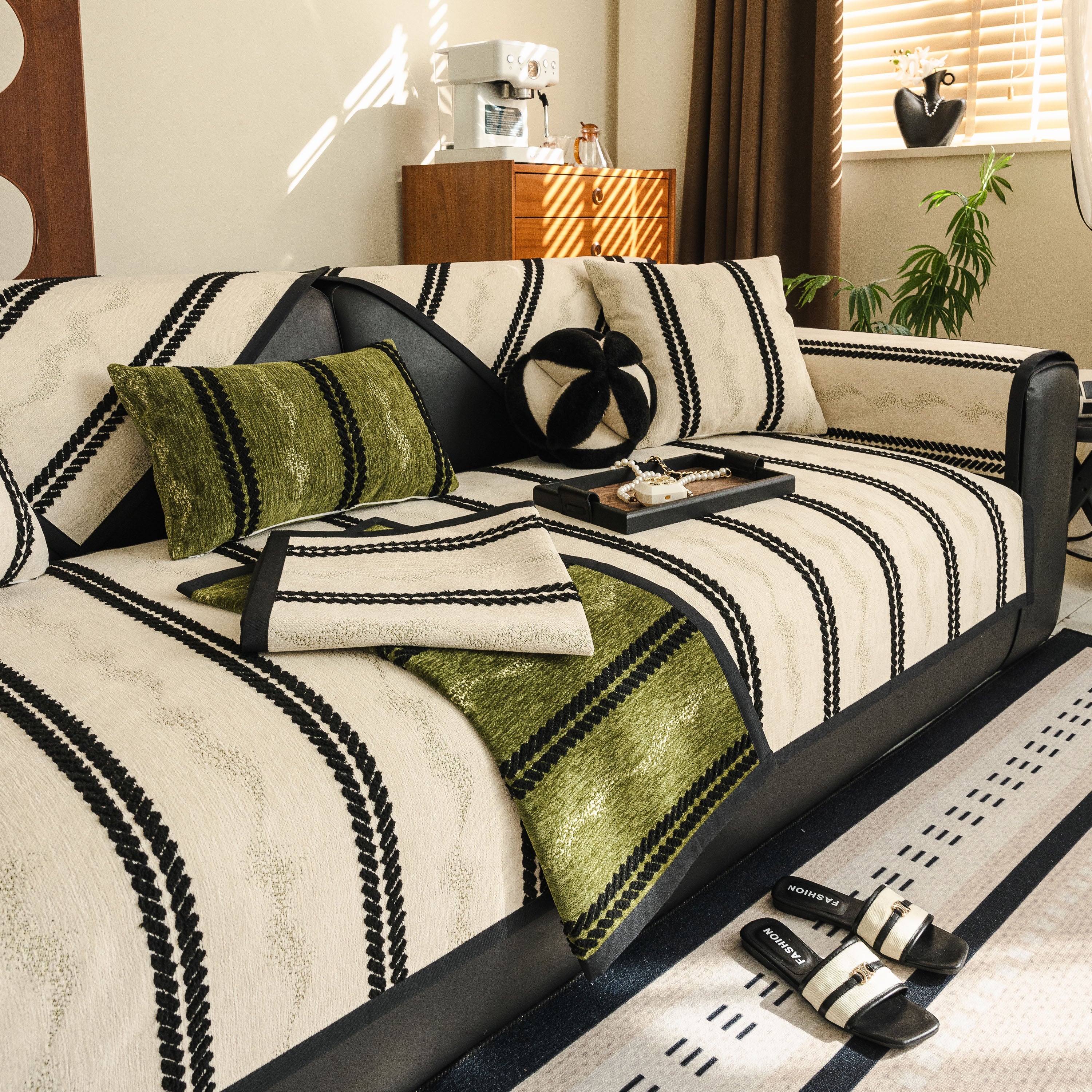 Non-Slip Sofa Cover with Thick Chenille Texture Woven Stripe Couch Protector Throw