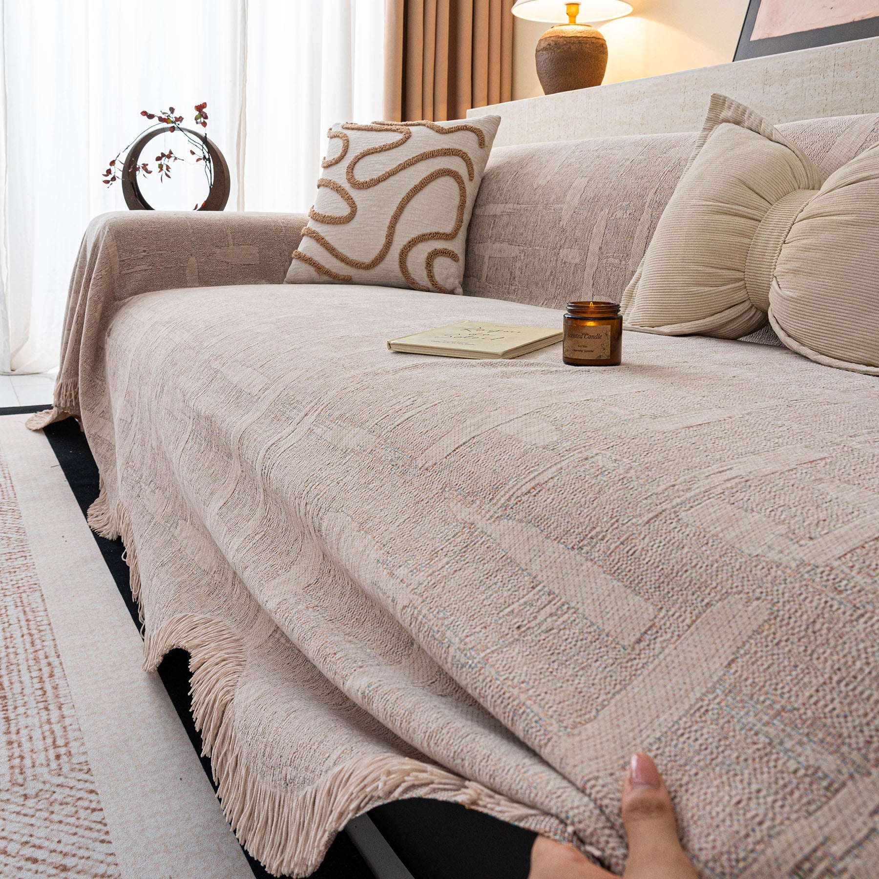 Chenille Sofa Cover Throw Blanket, Woven Textured Minimalist Wabi-Sabi Couch Cover