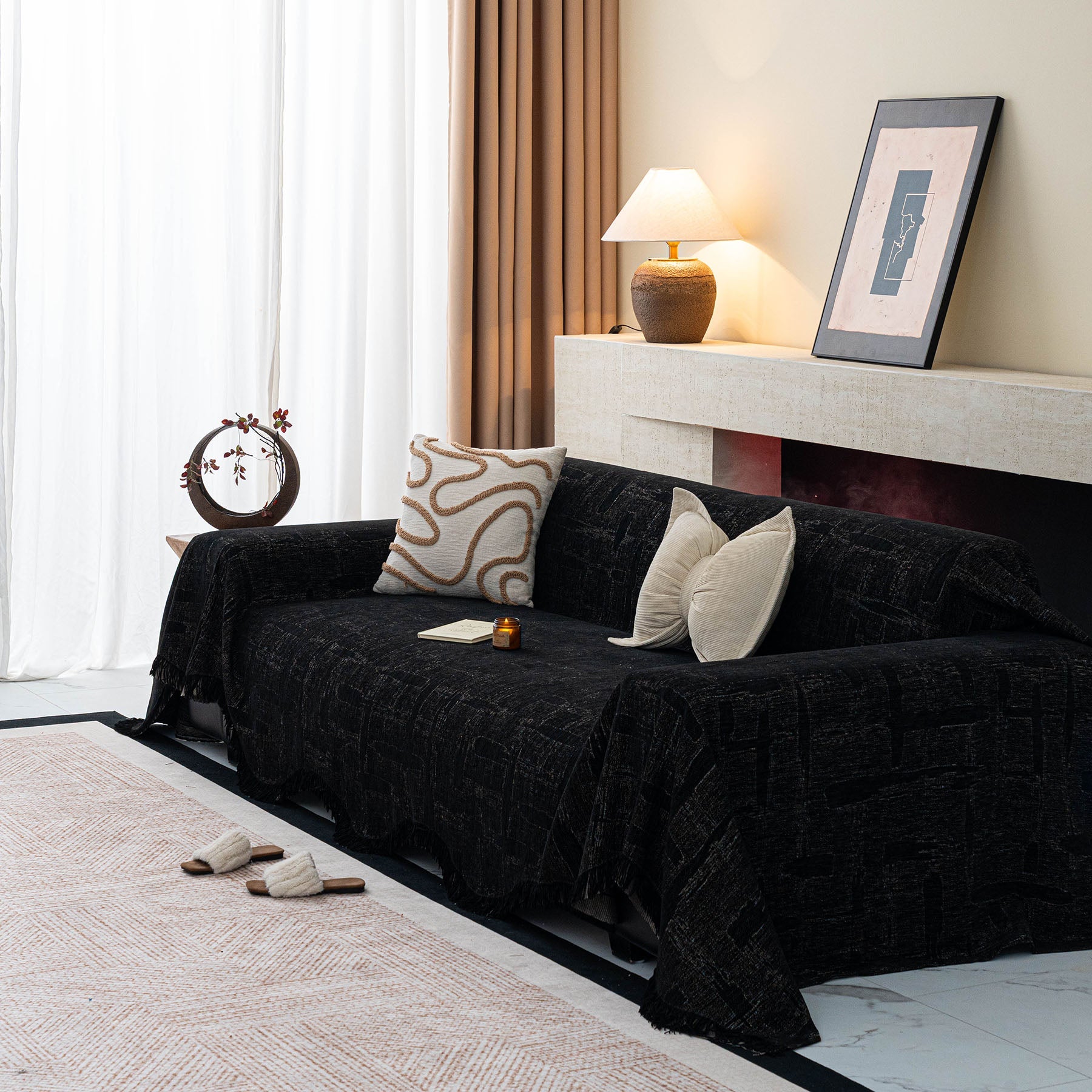 Chenille Sofa Cover Throw Blanket, Woven Textured Minimalist Wabi-Sabi Couch Cover