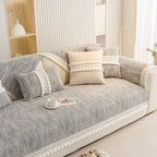 Soft Chenille Sectional Sofa Cover with Pom Pom Trim – Non-Slip Couch Protector