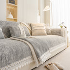 Soft Chenille Sectional Sofa Cover with Pom Pom Trim – Non-Slip Couch Protector