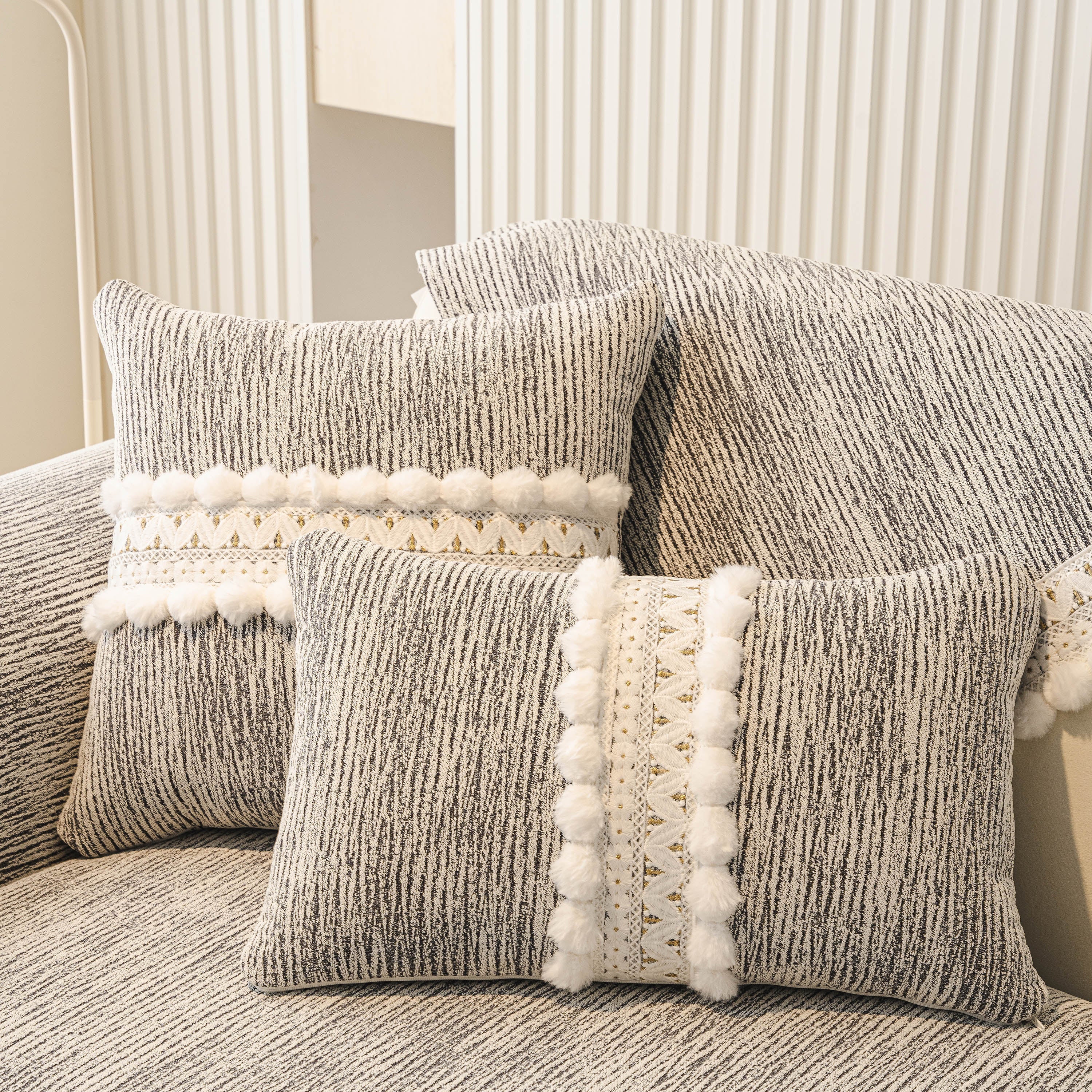 Soft Chenille Sectional Sofa Cover with Pom Pom Trim – Non-Slip Couch Protector