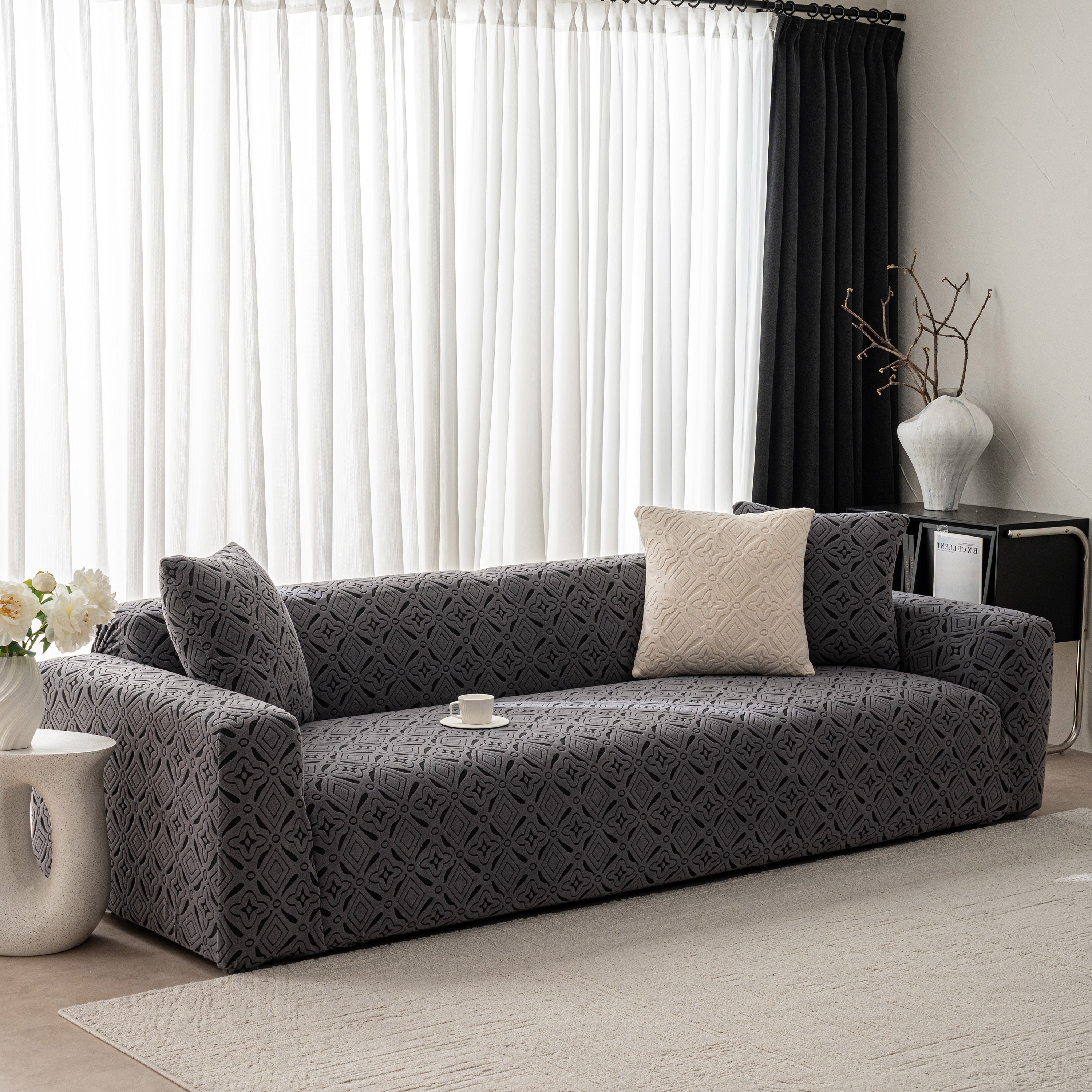 3D Jacquard Geometric Sofa Cover, High Stretch Soft Polar Fleece Slipcover for Couch