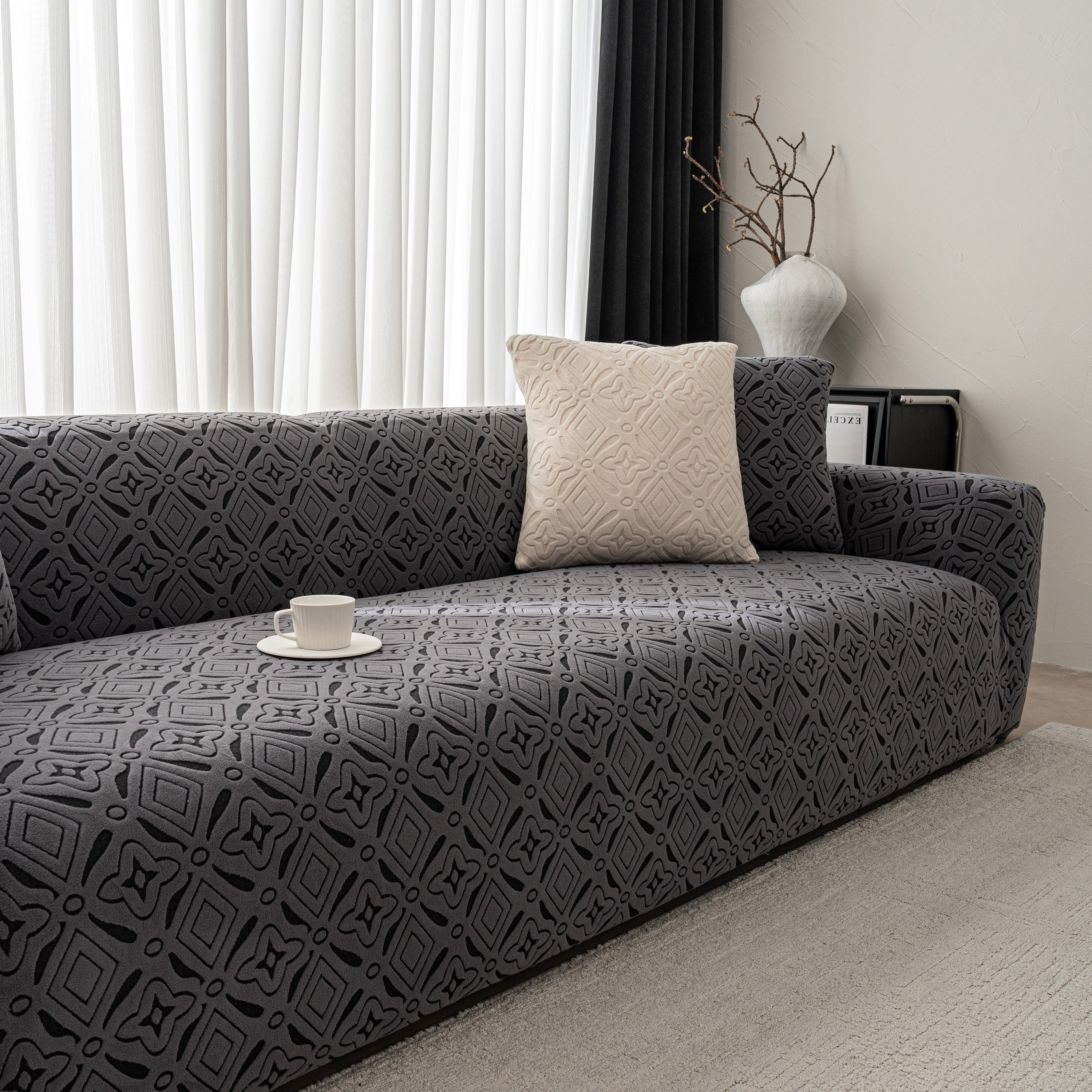 3D Jacquard Geometric Sofa Cover, High Stretch Soft Polar Fleece Slipcover for Couch