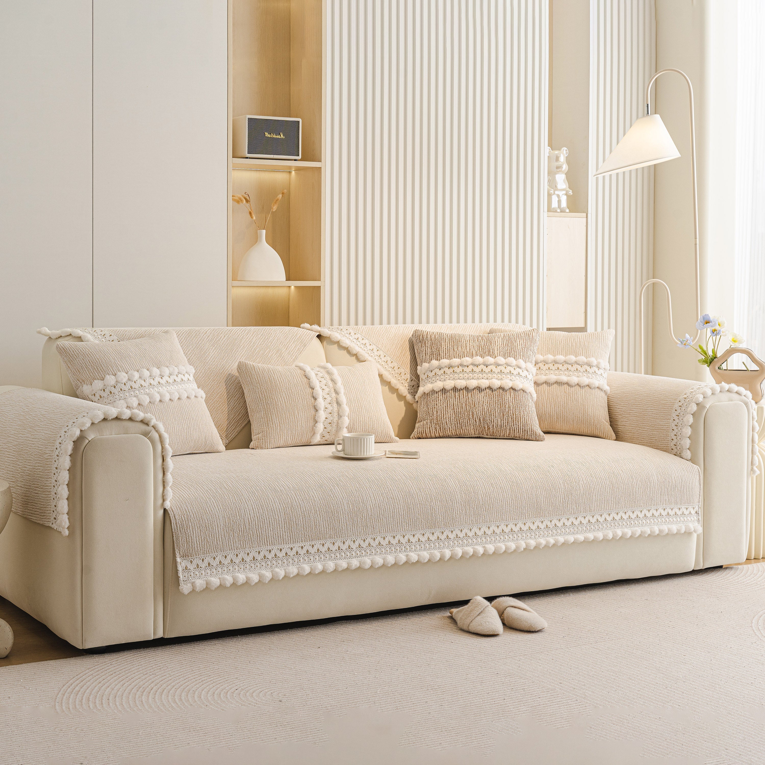 Soft Chenille Sectional Sofa Cover with Pom Pom Trim – Non-Slip Couch Protector
