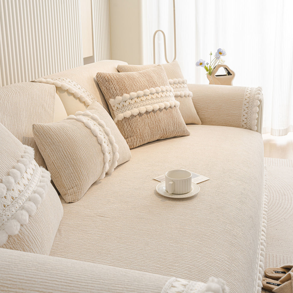 Soft Chenille Sectional Sofa Cover with Pom Pom Trim – Non-Slip Couch Protector