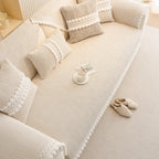 Soft Chenille Sectional Sofa Cover with Pom Pom Trim – Non-Slip Couch Protector