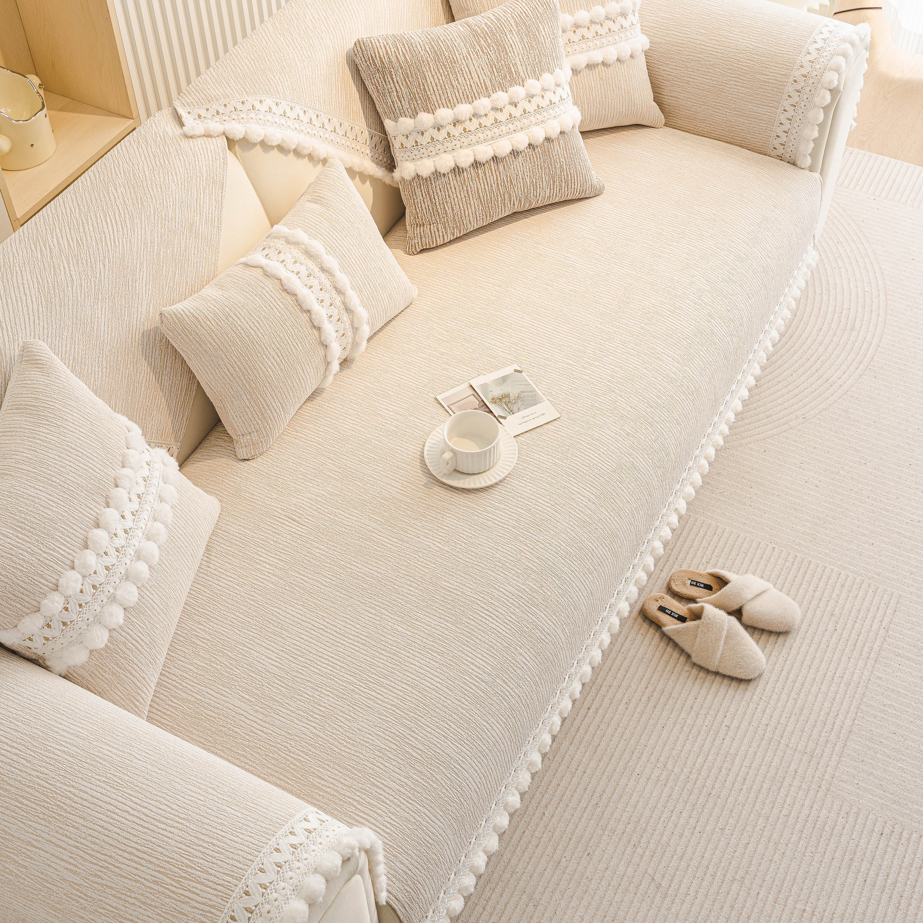 Soft Chenille Sectional Sofa Cover with Pom Pom Trim – Non-Slip Couch Protector