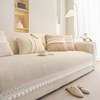 Soft Chenille Sectional Sofa Cover with Pom Pom Trim – Non-Slip Couch Protector