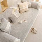 Soft Chenille Sectional Sofa Cover with Pom Pom Trim – Non-Slip Couch Protector