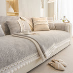 Soft Chenille Sectional Sofa Cover with Pom Pom Trim – Non-Slip Couch Protector