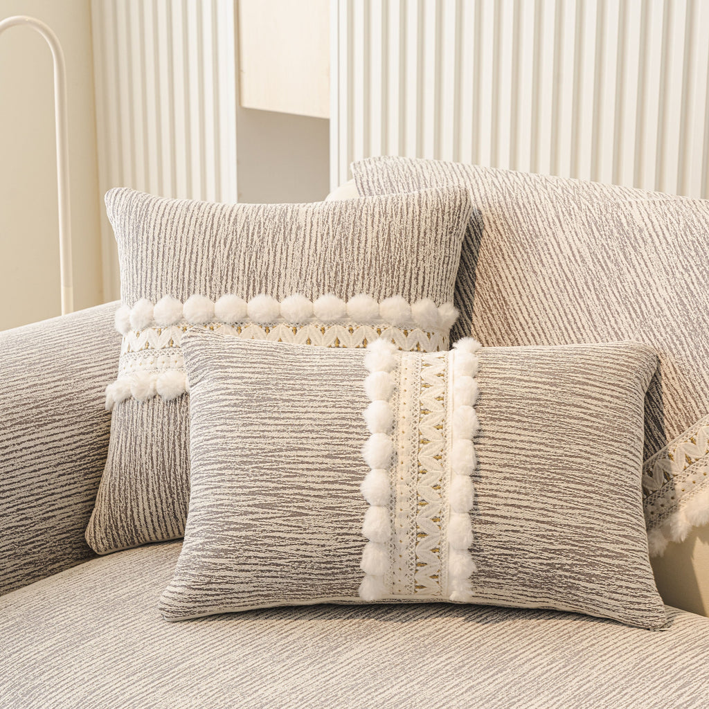 Soft Chenille Sectional Sofa Cover with Pom Pom Trim – Non-Slip Couch Protector