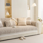 Soft Chenille Sectional Sofa Cover with Pom Pom Trim – Non-Slip Couch Protector