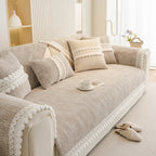 Soft Chenille Sectional Sofa Cover with Pom Pom Trim – Non-Slip Couch Protector