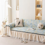 Leaf Jacquard Sofa Cover with Ruffle Skirt – Non-Slip Couch Protector with Sheer Hem