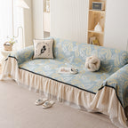 Leaf Jacquard Sofa Cover with Ruffle Skirt – Non-Slip Couch Protector with Sheer Hem