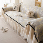 Leaf Jacquard Sofa Cover with Ruffle Skirt – Non-Slip Couch Protector with Sheer Hem
