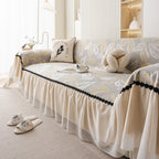 Leaf Jacquard Sofa Cover with Ruffle Skirt – Non-Slip Couch Protector with Sheer Hem