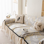 Leaf Jacquard Sofa Cover with Ruffle Skirt – Non-Slip Couch Protector with Sheer Hem