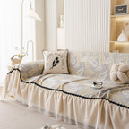 Leaf Jacquard Sofa Cover with Ruffle Skirt – Non-Slip Couch Protector with Sheer Hem