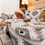 Bohemian Tufted Sofa Cover, Soft Sherpa Fleece Throw Blanket with 3D Aztec Geometric