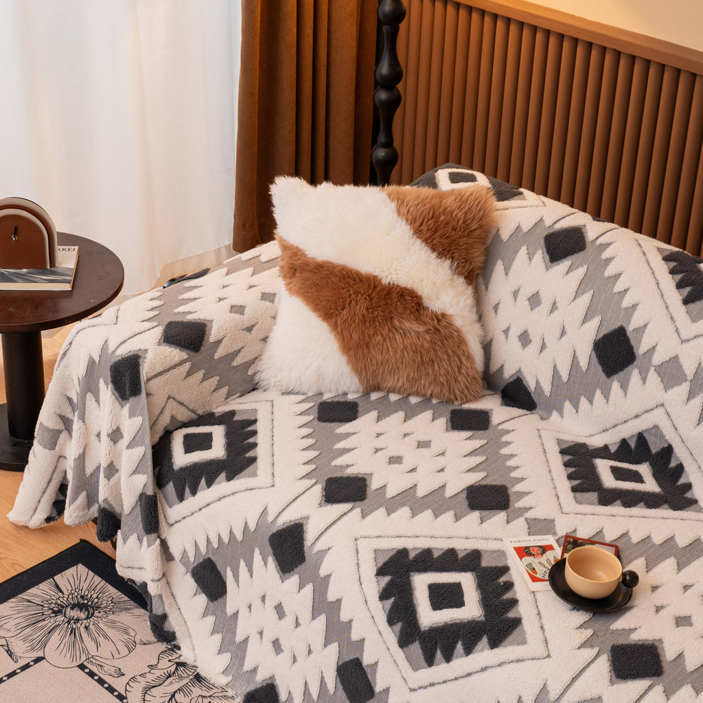 Bohemian Tufted Sofa Cover, Soft Sherpa Fleece Throw Blanket with 3D Aztec Geometric
