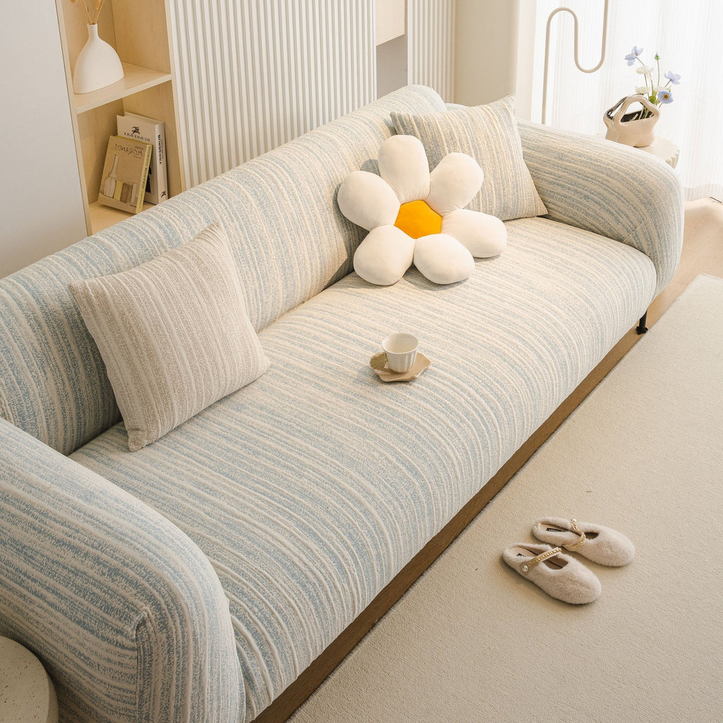 Ribbed Washable Sofa Cover, High Stretch Striped Couch Slipcover with Tie Straps