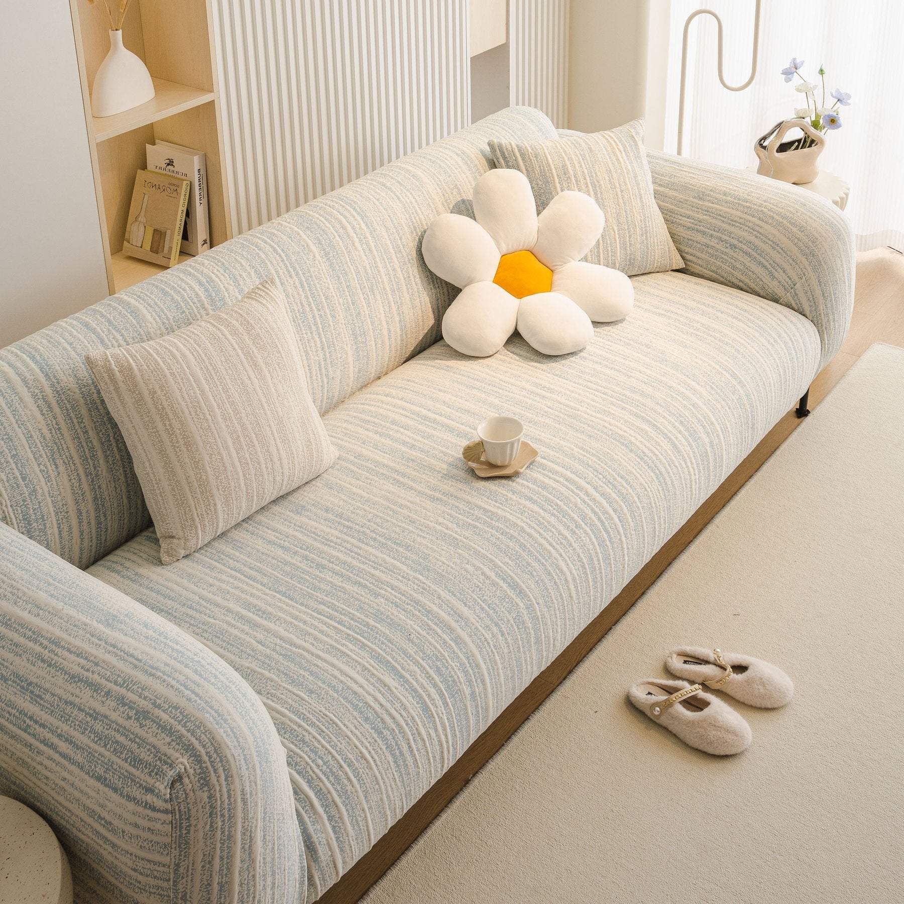 Ribbed Washable Sofa Cover, High Stretch Striped Couch Slipcover with Tie Straps