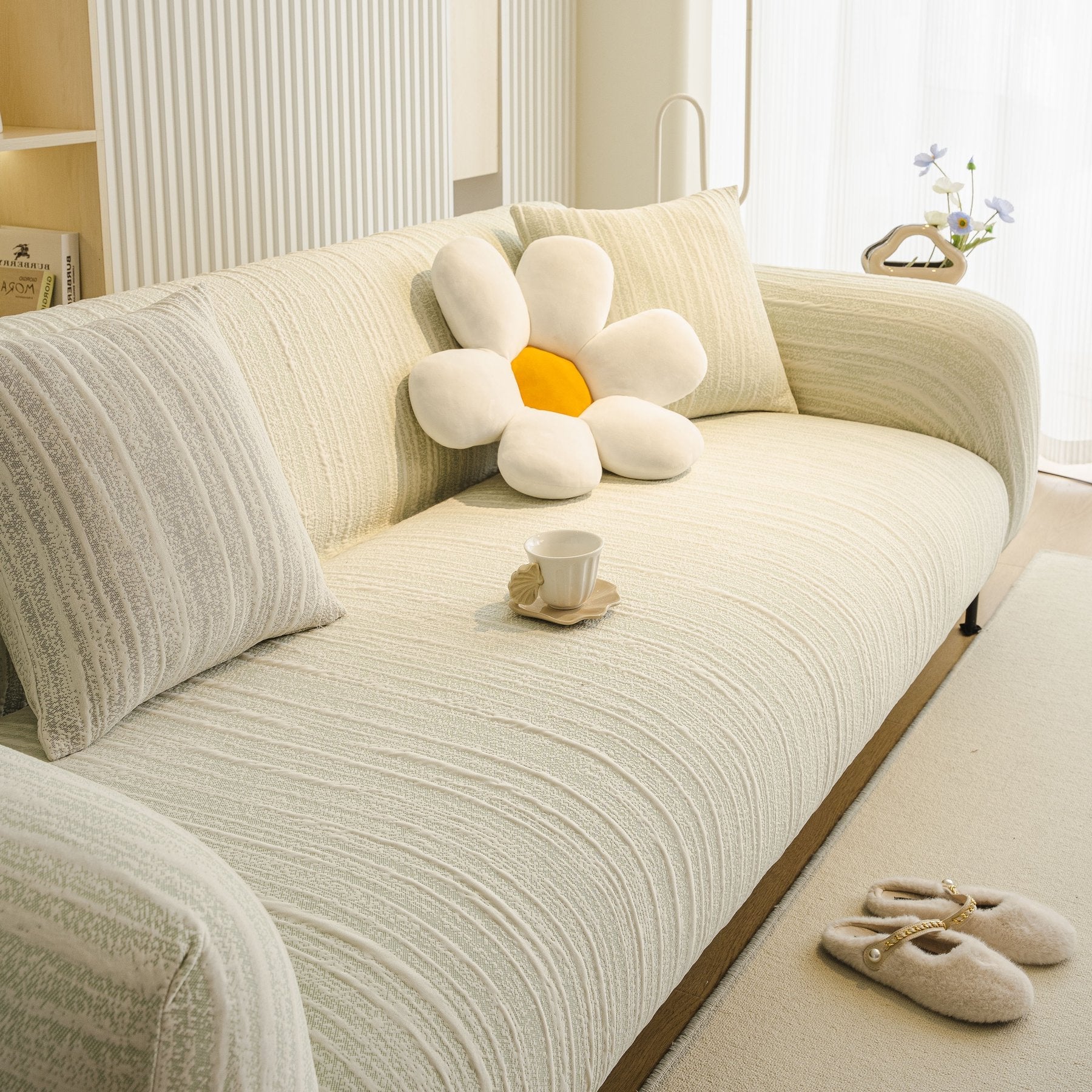 Ribbed Washable Sofa Cover, High Stretch Striped Couch Slipcover with Tie Straps