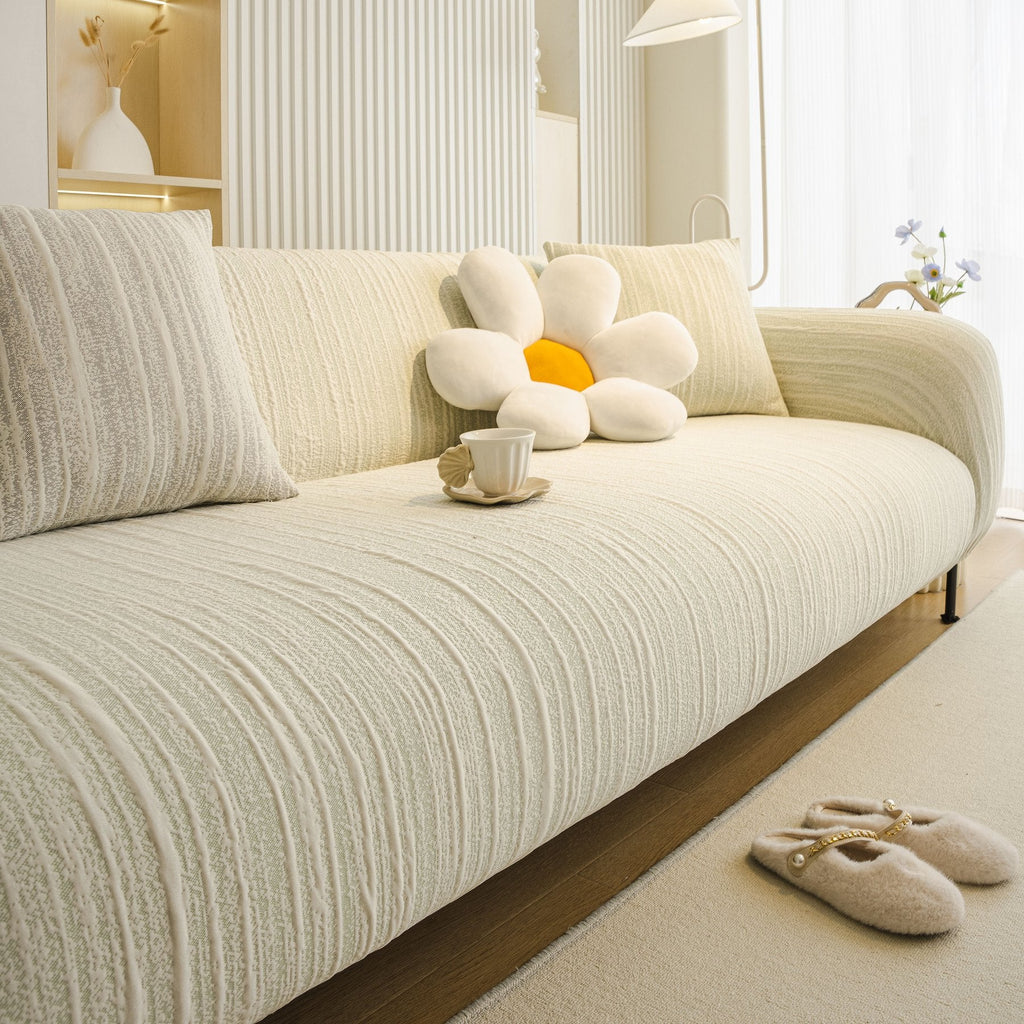 Ribbed Washable Sofa Cover, High Stretch Striped Couch Slipcover with Tie Straps