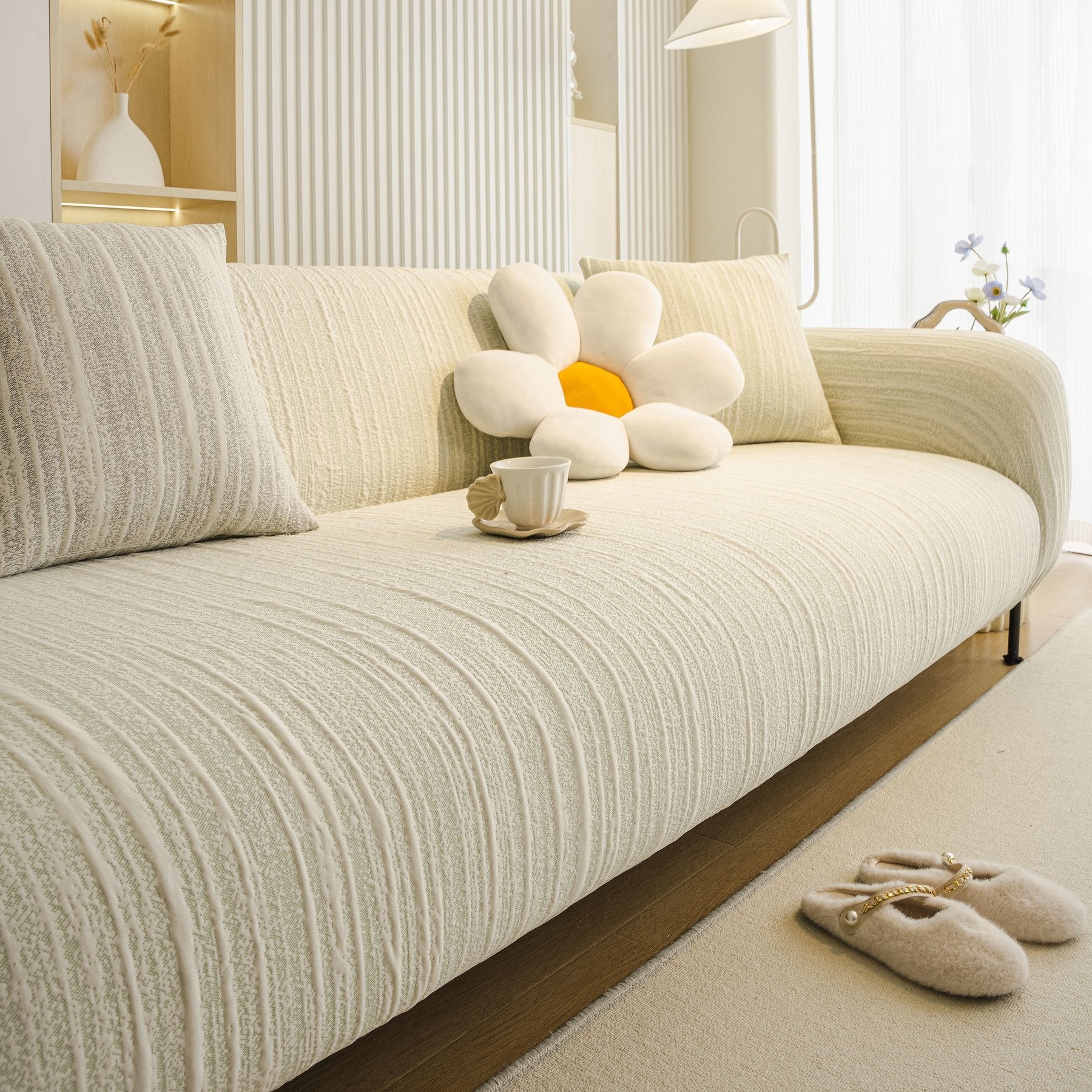 Ribbed Washable Sofa Cover, High Stretch Striped Couch Slipcover with Tie Straps