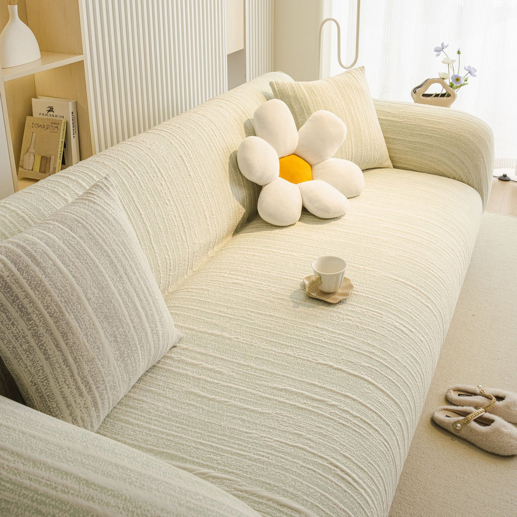 Ribbed Washable Sofa Cover, High Stretch Striped Couch Slipcover with Tie Straps