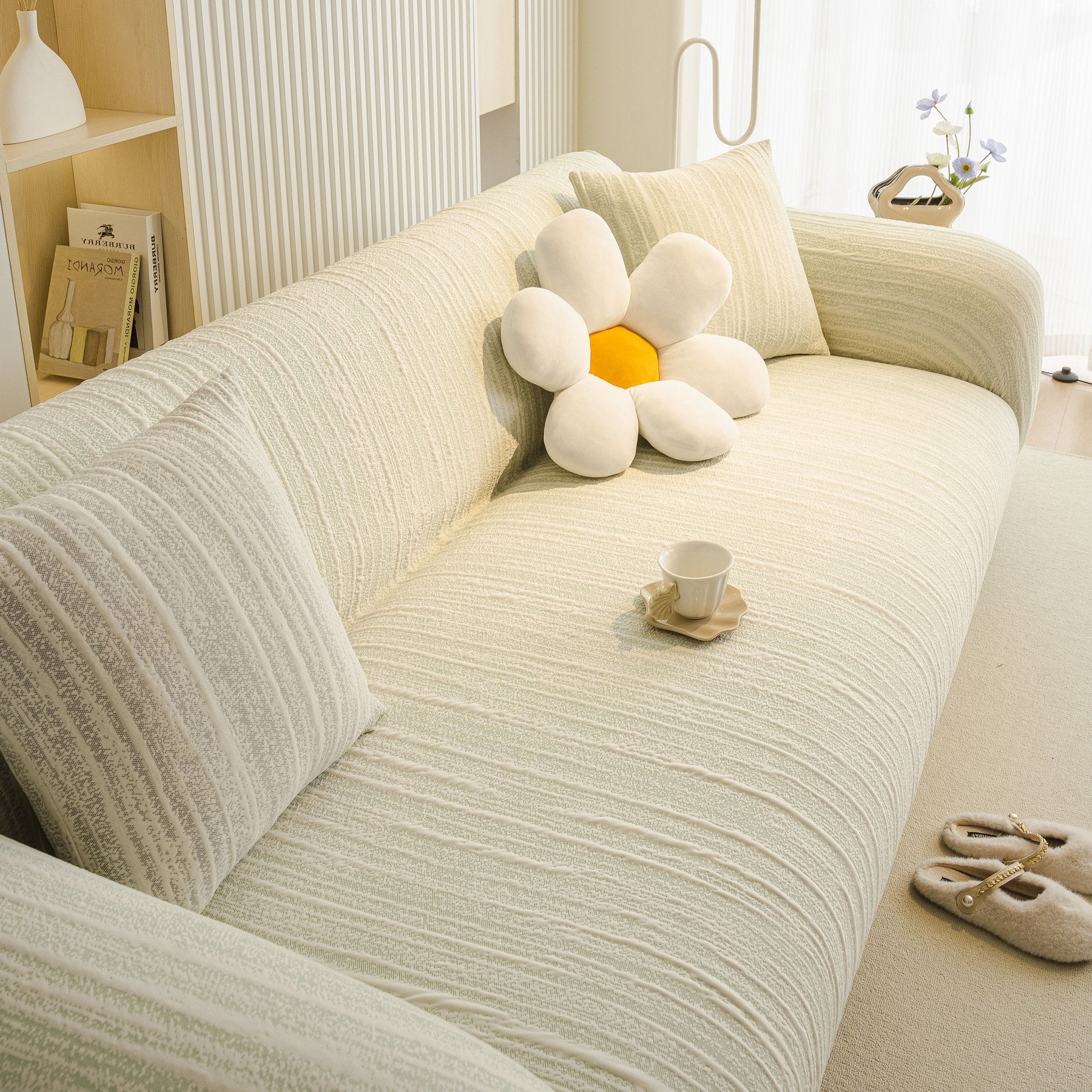 Ribbed Washable Sofa Cover, High Stretch Striped Couch Slipcover with Tie Straps