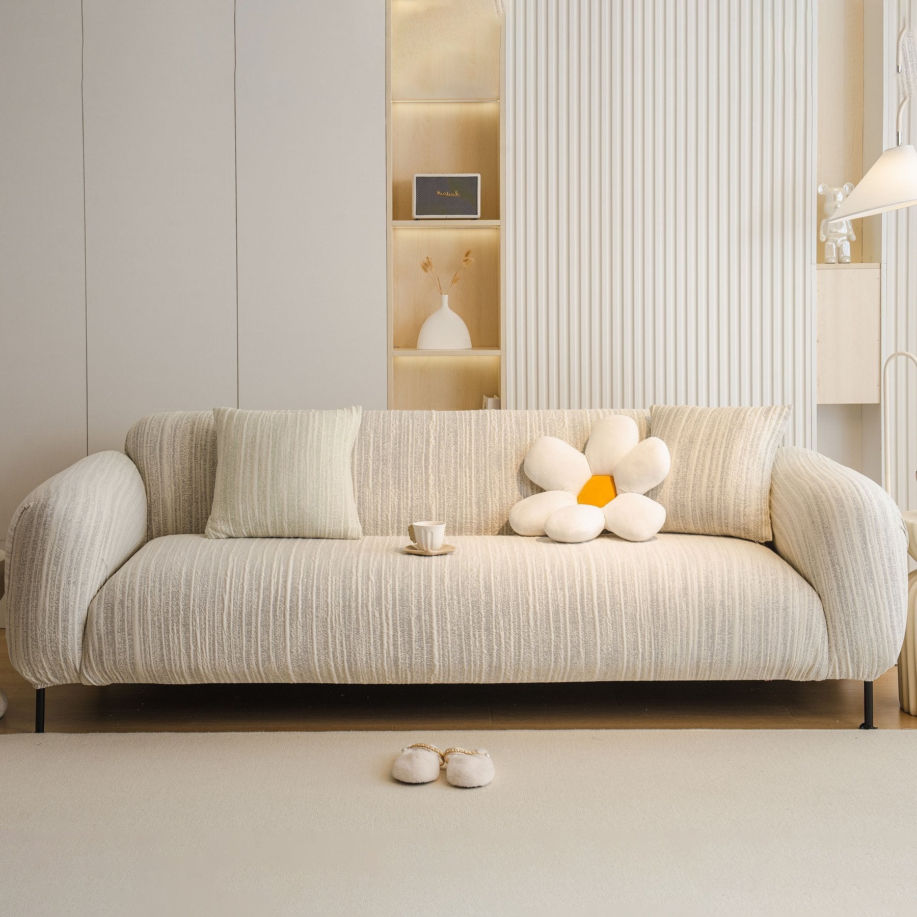Ribbed Washable Sofa Cover, High Stretch Striped Couch Slipcover with Tie Straps