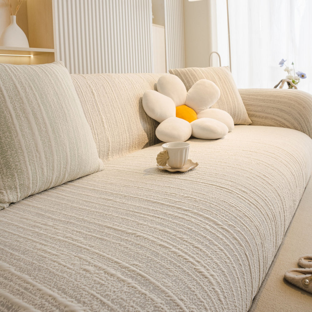 Ribbed Washable Sofa Cover, High Stretch Striped Couch Slipcover with Tie Straps