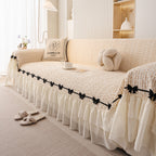 Ruffled Sofa Cover with Bowknot Decor, French Country Style Skirted Couch Slipcover