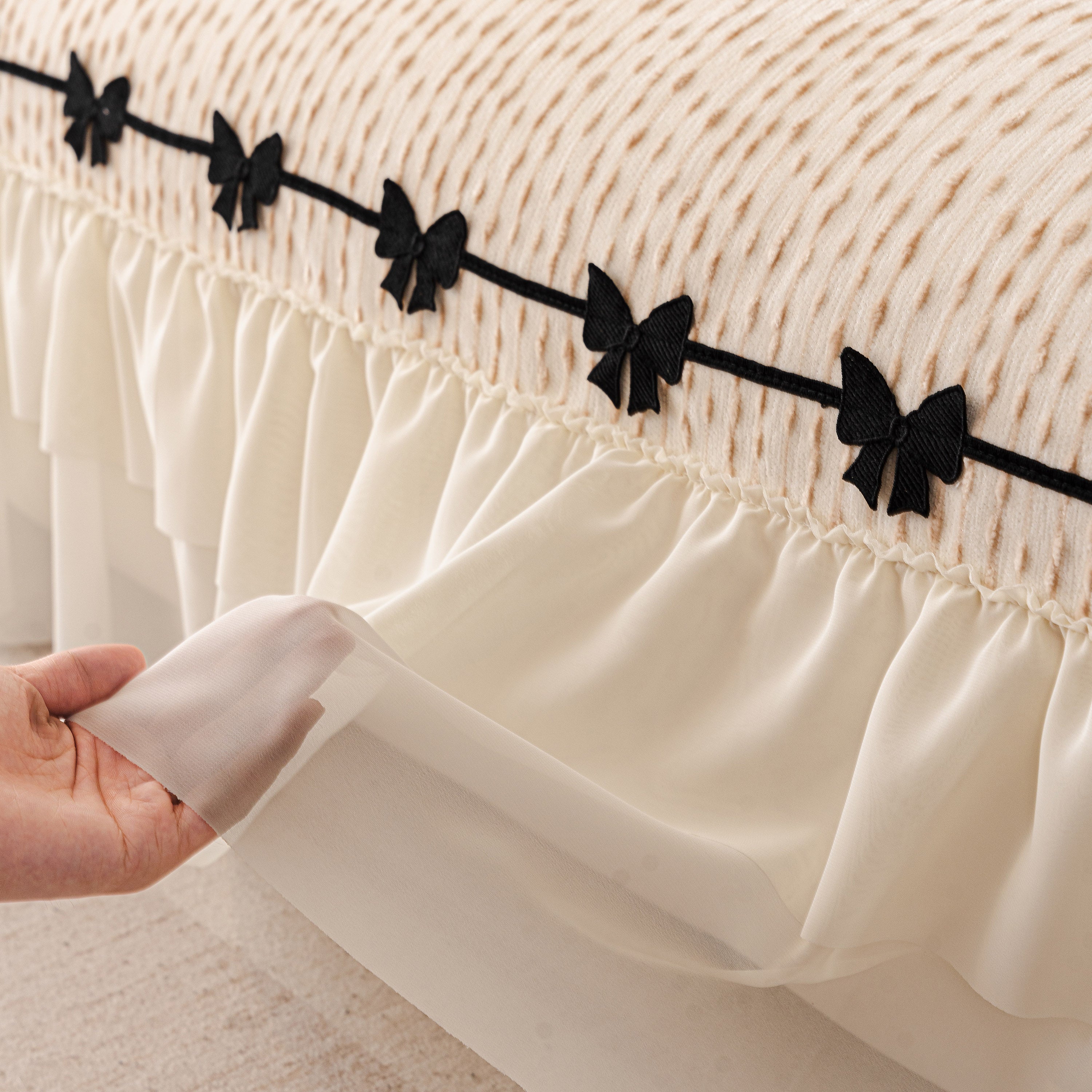 Ruffled Sofa Cover with Bowknot Decor, French Country Style Skirted Couch Slipcover