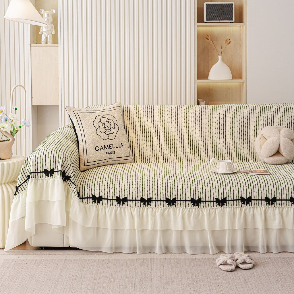 Ruffled Sofa Cover with Bowknot Decor, French Country Style Skirted Couch Slipcover