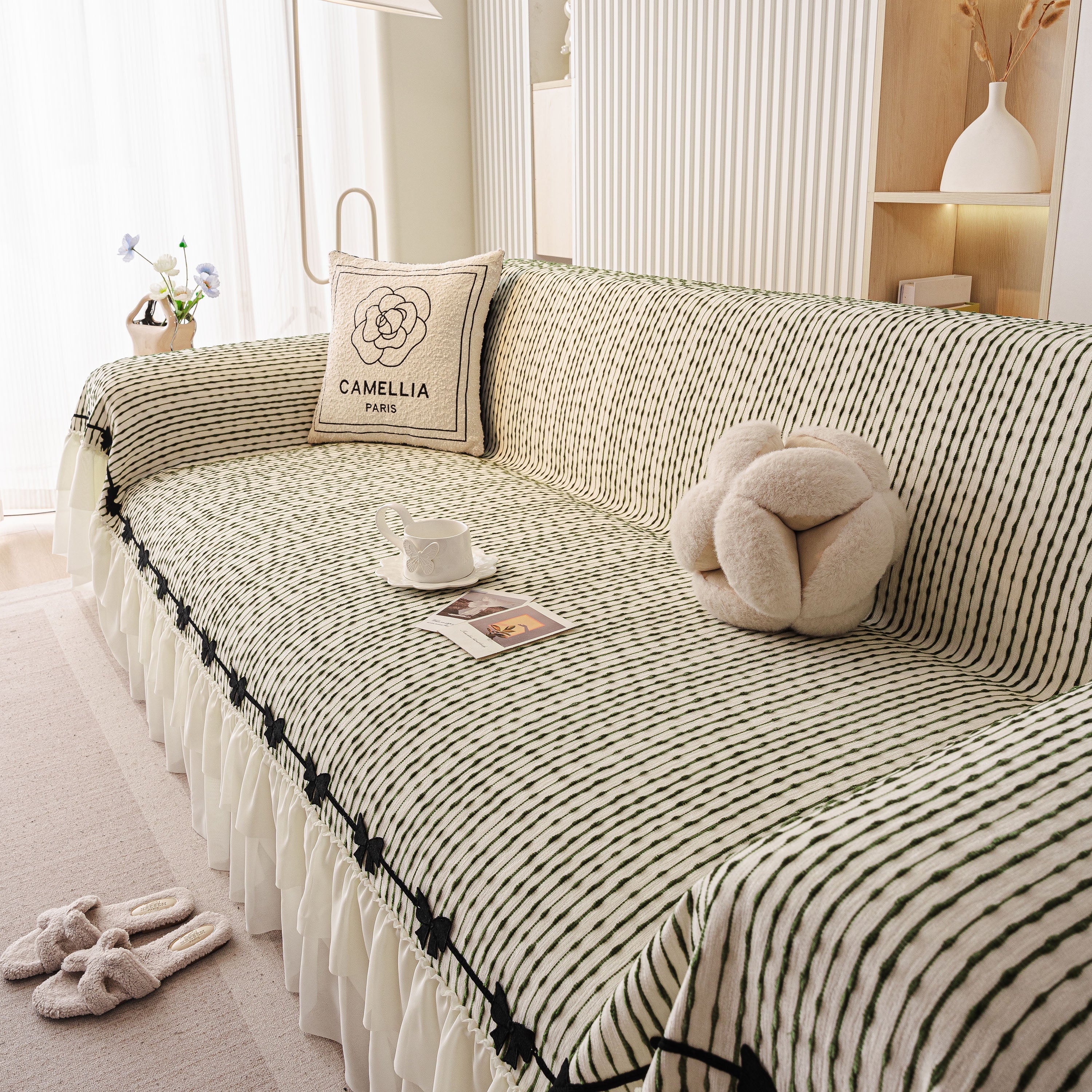 Ruffled Sofa Cover with Bowknot Decor, French Country Style Skirted Couch Slipcover